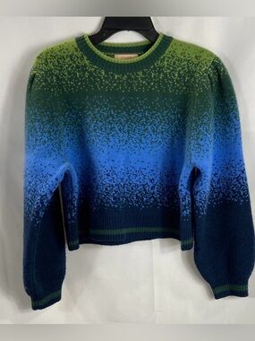 Vital Sign Women's Sweater Blue Green Ombre Gradient Wool Knit Cropped Sz L EUC